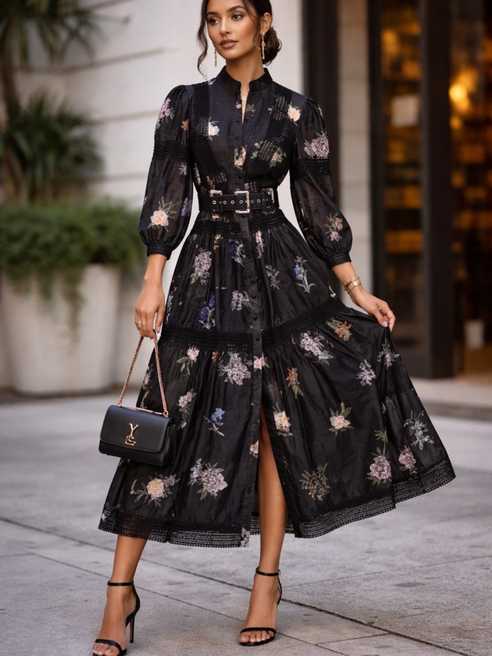 Black Floral Maxi Dress with Belted Waist